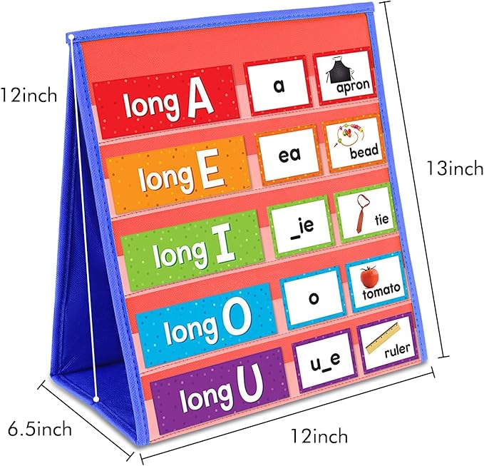 Tabletop Pocket Chart for Classroom, Small Double Sided Pocket Chart for Kids Learning at Home (Red-Blue)