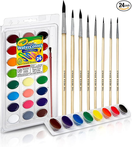 Watercolor Paint Set - Includes 24 Watercolor Paint, 8 Paintbrushes for Kids - Ultimate Washable Paints Watercolors Supplies Set - Water Color Painting Kids, 9 Piece Set Gifting bundle