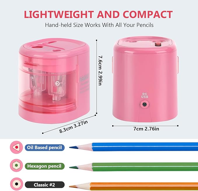 Eagle Electric Pencil Sharpener, Battery or USB Operated, Dual Holes, Dual Blades, fit for Pencils of Size 6-8mm and 9-12mm (Pink)