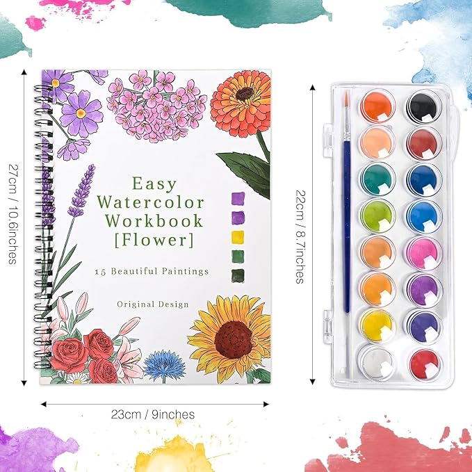 Watercolor Workbook,15 Flower Patterns of Original DIY Designs,16 Colors Watercolor Paint Set with Brush Palette,Beginner-Friendly Water Color Workbooks,Water Coloring Book for Adults