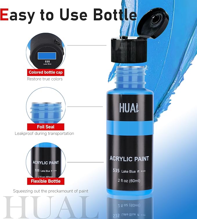 HUAL Acrylic Paint Set with 5 Brushes, 24 Colors (60ml, 2oz) for Artists Kids Beginners & Painters,Model/Canvas/Rock/Fabric/Glass/Stone/Ceramic/Wood Painting, Non Toxic