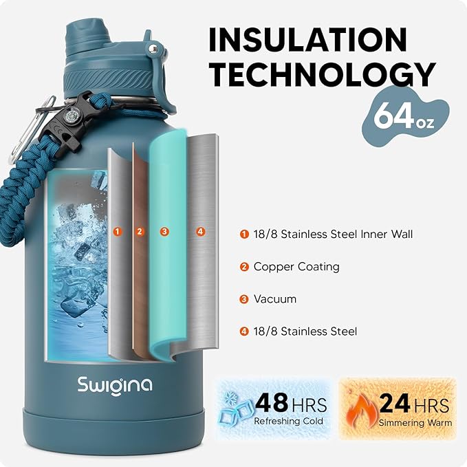 Swigina] 64 oz Insulated Water Bottle with Silicone Boot (48hrs Cold/24hrs Hot) - DIY Stickers, Leakproof, BPA Free, Half Gallon [2-IN-1 LID