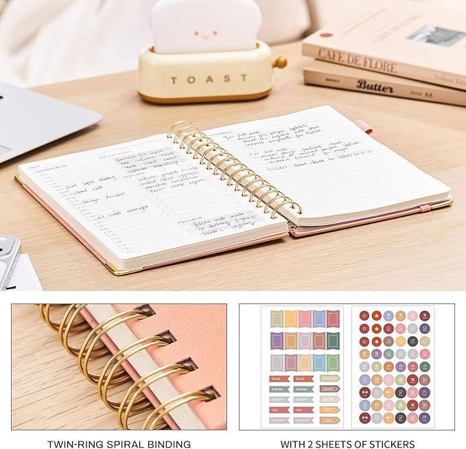 Ovesmusl Undated Daily Planner - 126 Days Hourly Schedule & To Do List - A5 PU Leather Hardcover Spiral Notebook planner with stickers, Metal Corner Protectors & Back Pocket for Work & School, Pink