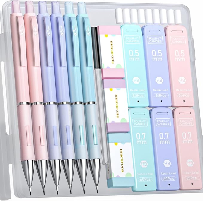 Four Candies 6PCS Cute Mechanical Pencil Set, 0.5mm & 0.7mm with 360PCS Lead Refills, Pastel Erasers & Case, Clean Girl Preppy School Supplies for College Standardized Tests and Schoolwork