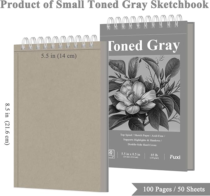 Fuxi Toned Gray Sketchbook, 2-Pack - 5.5" x 8.5", | 85lb/130gsm Charcoal Drawing Paper, 50 Sheets Per Pad.