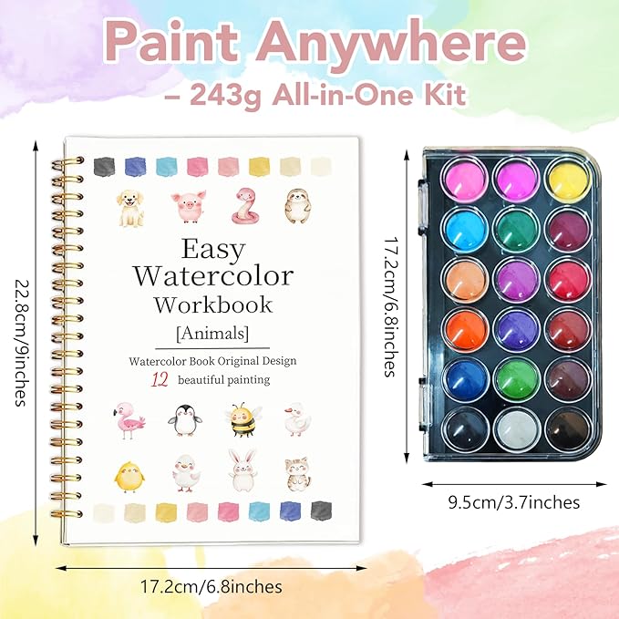 Easy Watercolor Workbook for Beginners - 12 Beautiful Step-by-Step Paintings Water Coloring Book, Includes 18 Water Colors, Relaxing Art Projects and Creative Gift for Adults & Teen (Animals)