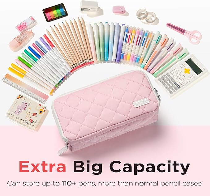 Sooez Large Pencil Case Pouch, Extra Big Pencil Bag with 8 Compartments, Pen Bag Wide Opening, Soft Quilted Pencil Pouch Organizer with Zipper, Portable Pencil Case for Teen Girls, Light Gray