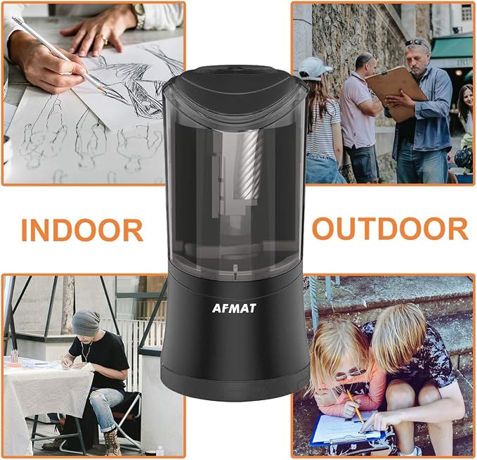 AFMAT Rechargeable Long Point Pencil Sharpener, 2 Holes, Fast Sharpen & Auto Stop, 8-17mm Super Long Point, Artist Pencil Sharpener for 6-9.6mm Large Pencil, Charcoal/Drawing/Sketching/Colored Pencils