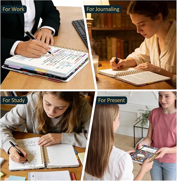Hardcover Spiral Notebook 7.1"x10" Journal with Removable Divider Tabs, 150 Pages, 5 Subject Notebook, Ideal for Women Work Stationery, Pretty Student Planner, Meetings, Essential Notebooks, Tabbed Notebook, Aesthetic Subject Journal
