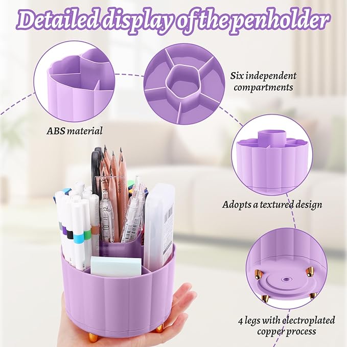 Purple Desk Decor Organizer 360 Rotating, 6 Slots Pen Cup Holder for Office, Classroom & Home, Cute Office Supplies, Cubicle Decor, Rotating Art Supply Storage (4.9 Inches)