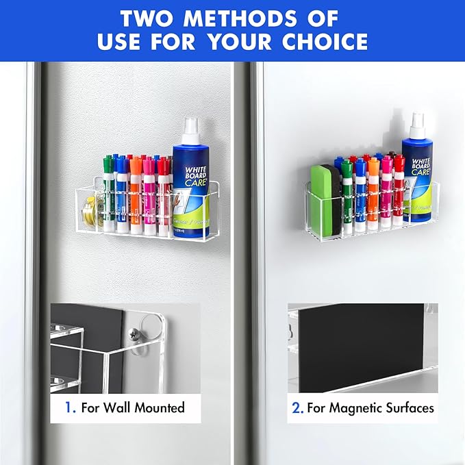 Magnetic Dry Erase Marker Holder for Whiteboard, Wall Mount Pen Holder for Refrigerator, Clear Pencil Holder for Fridge, Strong Magnet Locker Organizer for Classroom, Office