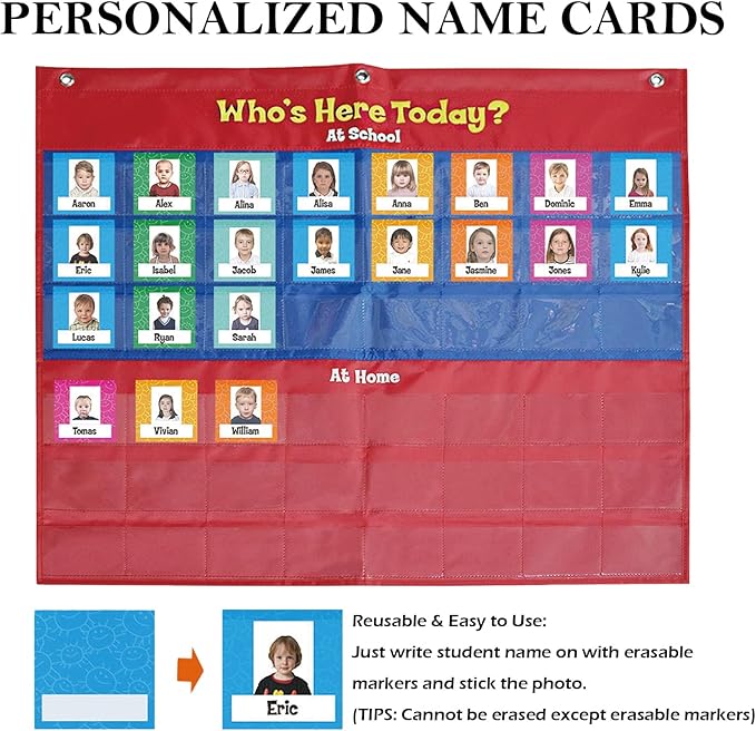 Attendance Pocket Chart for Preschool Classroom Wall Organization, Who is Here Today Pocket Charts for Teachers Clearance, Kindergarten Kids Daycare Teaching Supplies, 72 Cards and 3 Hooks Included