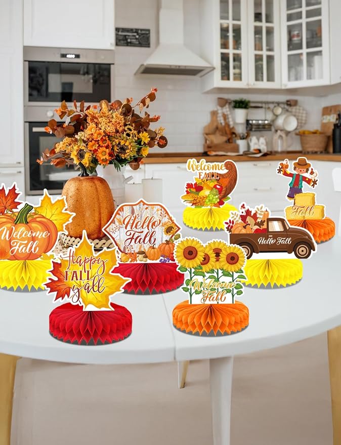 Fall Table Decorations - 9Pcs Fall Centerpieces for Tables Autumn Honeycomb Centerpieces 3D Pumpkin Maple Leaf Table Topper for Friendsgiving Harvest Birthday Thanksgiving Party Decorations