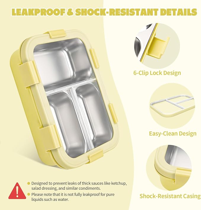Stainless Steel Lunch Box Kids, 3 Compartments Leak Proof Metal Bento Box, Snack Containers with Condiment Cup, Food Storage Containers With Utensils and Small Cleaning Brush Set, Yellow