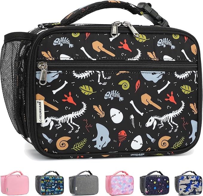 GYEUKHAM Insulated Lunch Box for School, Thermal Reusable Durable Freezable Lunch Bags for Kids Boys Girls Men Women - Small Soft Cooler Portable Lunch Tote Kit for Work Picnic Travel,Dinosaur Fossil