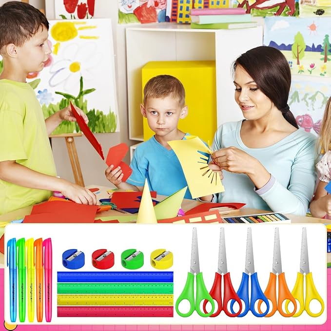 200 Pcs Back to School Supplies Kit Include 50 Student Scissors 50 12 Inch Plastic Rulers 50 Pencil Sharpeners 50 Highlighters for School Classroom Home Charity Donation Supplies (200)
