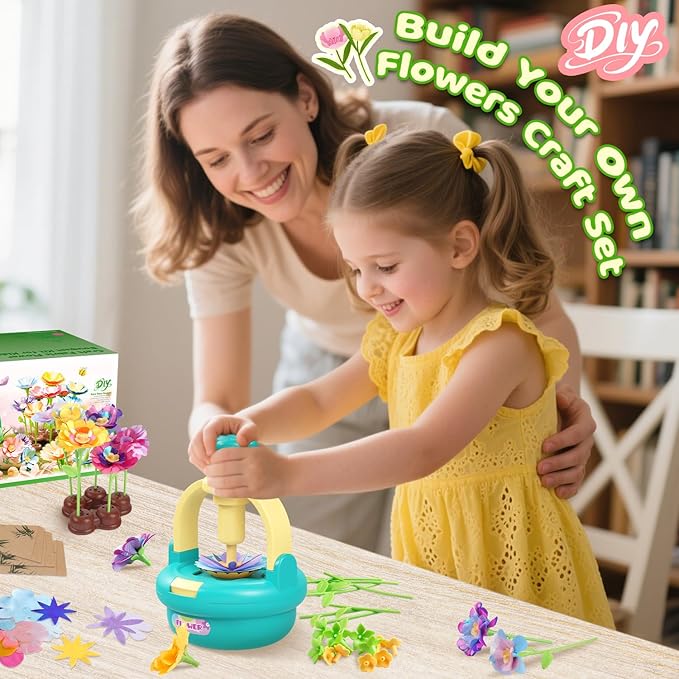 Flower Bouquet Making Kit for Kids Ages 4-8—DIY Arts and Crafts Toy, Build Your Own Flower Arrangement, Flower Press Craft Kit, Handmade Bouquet Birthday Gift for 3 4 5 6 7 8 9 Year Old Girls-[Blue]