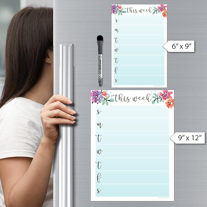 Dry Erase Weekly Calendar Planner Sticker Decal | Removable & Reusable | Magnetic Fine-Tip Marker Included (6 x 9 inches, Floral)