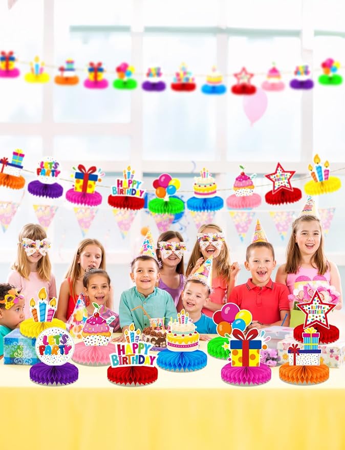 Birthday Table Decorations - 9 Pcs Colorful Happy Birthday Centerpieces for Tables Rainbow Honeycomb Centerpieces Table Toppers for Girls Boys Men Women Birth Date Party Supplies, Photo Booth Props