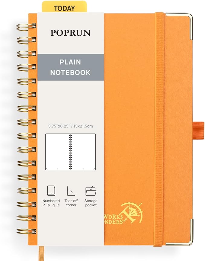 POPRUN Blank Spiral Journal Notebook, A5 Hardcover Sketch Books, 141 Pages Unlined Journals for Women Men, 120 GSM Plain Notebooks for Sketching, Drawing, Painting, 5.75'' x 8.25'', Orange