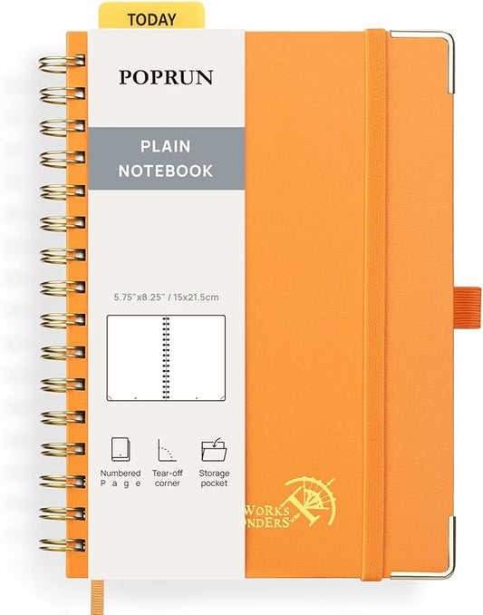 POPRUN Blank Spiral Journal Notebook, A5 Hardcover Sketch Books, 141 Pages Unlined Journals for Women Men, 120 GSM Plain Notebooks for Sketching, Drawing, Painting, 5.75'' x 8.25'', Orange