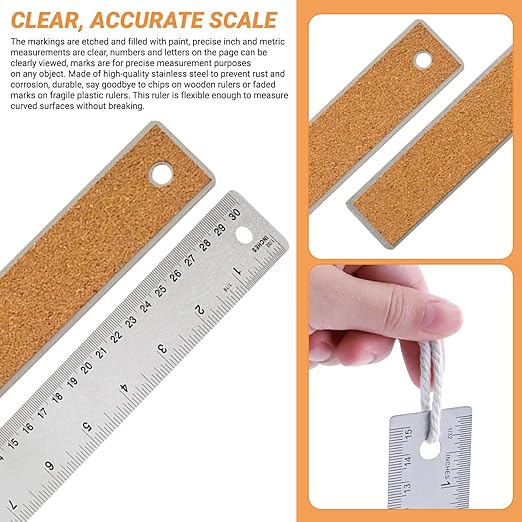 Stainless Steel Metal Ruler with Non-Slip Cork Back for Home Improvement, Planner Accessories, College School Supplies, Drafting Tools, Architecture Supplies, 30.5 Centimeters & 12 inches