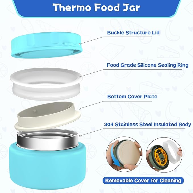 Aimsnk Kids Bento Lunch Box with 8oz Soup Thermo, Kids Leakproof Lunch Food Containers with 4 Compartment,Insulated Hot Food Jar with Lunch Bag for School, Travel (Blue)