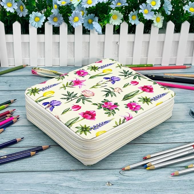 YOUNGCOL 120 Slots Colored Pencil Case Color Pencil Organizer Storage Large Capacity Pencil Case (Faint Yellow + Flower)