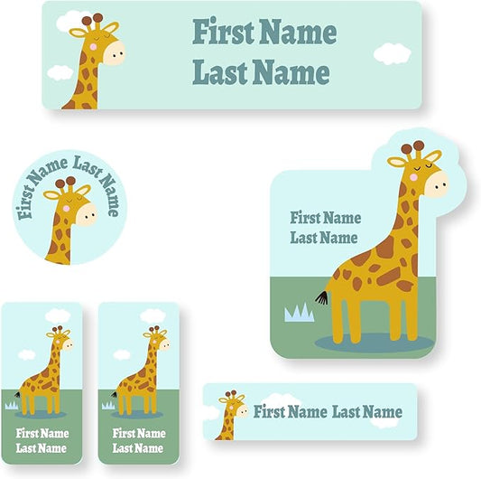 Personalized Kids Name Labels – Waterproof Custom Stickers for Daycare & School, Dishwasher & Laundry Safe (Giraffe - Green)