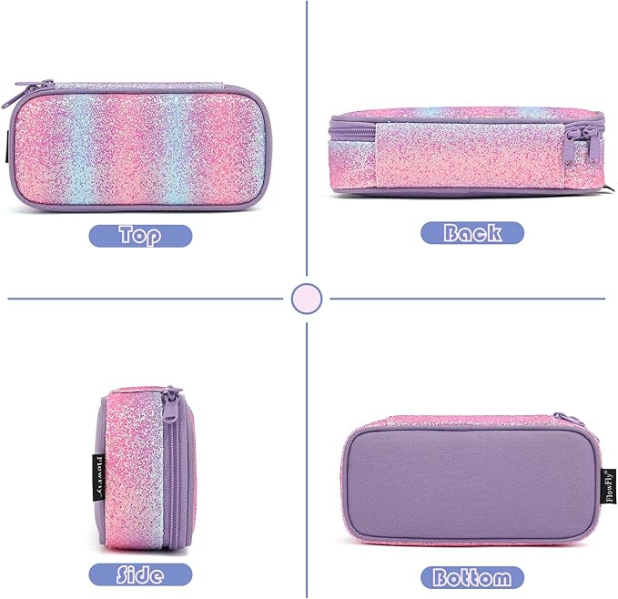 FlowFly Large Capacity Pencil Case for Kids, Boys & Girls – Zippered Multi-Functional Pen Pouch, Soft & Portable Pencil Bag for School, Teens, Students, Purple#Glitter