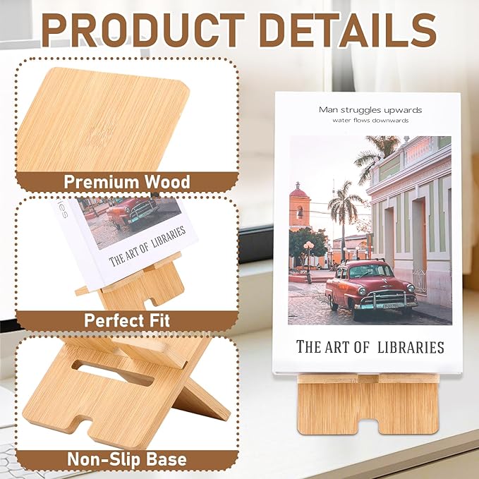6 Pack Bamboo Book Stand for Display, Natural Easel Stand for Display, Book Display Stand for Home Office School, Book Riser for Comic Album CD Magazine Postcard Picture Plate Phone Artworks (Large)