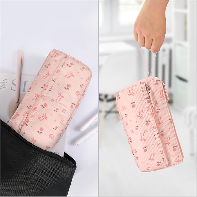 FINPAC Pencil Case, Corduroy Triangle Makeup Bag, Kawaii Pen Bag Pouch Holder Box Organize for Study, Office, or Travel (Pink Rose Bow)