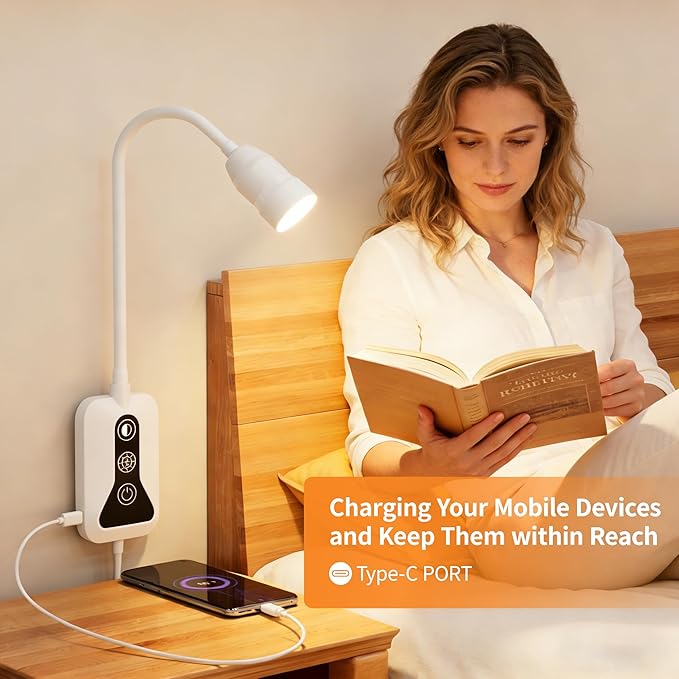 Wall Mounted Reading Light, Wall Light with Motion Sensor Switch, 5 Dimmable & 5 Color Temperature Adjustable, USB-C Output, Flexible Neck Book Light for Bed, Sofa, Desk,Dorms, Heaboard