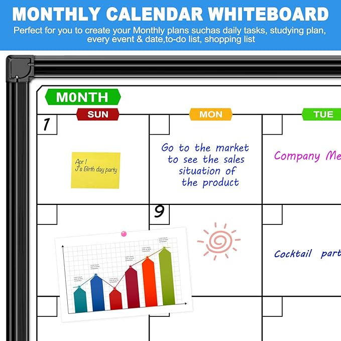 Large Dry Erase Calendar for Wall 72" x 40", 4 Month Whiteboard Calendar Dry Erase for Wall, Black Aluminum Frame Bulletin Board for Office Home and School