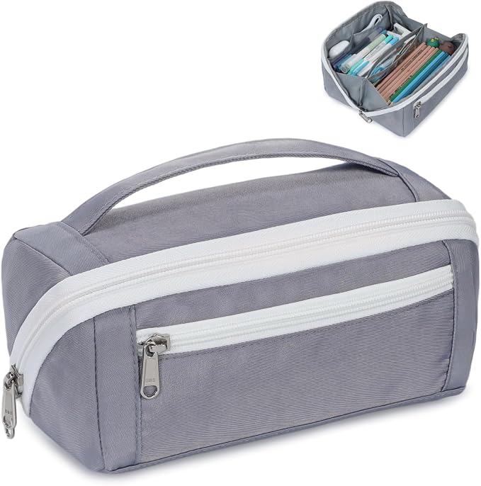 Large Pencil Pouch - 8 Compartments, Wide Handle Organizer Bag | Wide Open Pen Bag, Flexible Dividers & Side Pockets, Handle, 900D Fabric, College Supplies for Teens, Black & Grey
