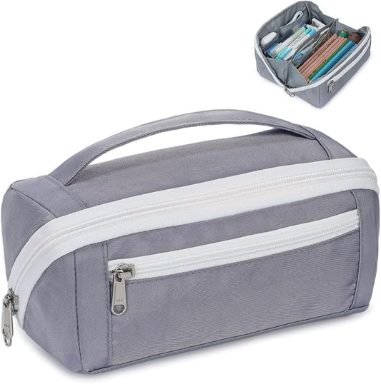 Large Pencil Pouch - 8 Compartments, Wide Handle Organizer Bag | Wide Open Pen Bag, Flexible Dividers & Side Pockets, Handle, 900D Fabric, College Supplies for Teens, Black & Grey