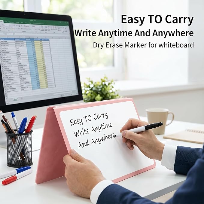 Portable White Board Dry Erase Small, Reusable White Board with 3 Colors Fineliner Pens Foldable Pink Pu Cover Handheld Whiteboard for Meeting Business Office 9.64x6.7 Inch