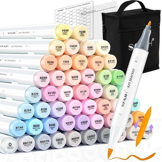 SFAIH Pastel Alcohol Markers Brush Tip - 51 Brush & Fine Dual Tip Art Markers for Artist Illustration, Adult Coloring Books, Gifts for Artist Adult, Colorless Blender, Enjoy Blending, Carrying Case