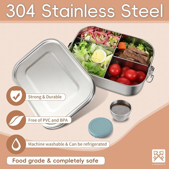 GOLDEN KEY 47oz Stainless Steel Bento Box for Adults,1400ml Large & Thickened Metal Lunch Box with 5 Compartments,Eco-friendly Leak-Proof Container with Lockable Clips