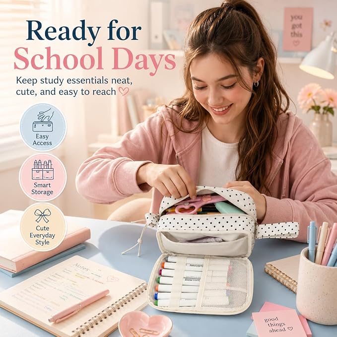 Bluboon Big Capacity Pencil Case Pencil Pouch Pen Case School Supplies Cute Pencil Box Pencil Bag for Teen Girls Boys Women Man (Black dots - White)