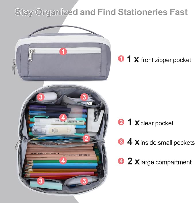 Large Pencil Pouch - 8 Compartments, Wide Handle Organizer Bag | Wide Open Pen Bag, Flexible Dividers & Side Pockets, Handle, 900D Fabric, College Supplies for Teens, Black & Grey