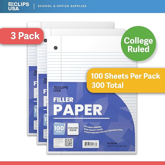 Loose Leaf Paper College Ruled Notebook Paper College Ruled Lined Paper Writing Paper Filler 10.5” x 8” 300 Sheets 100 Sheets Per Pack 60 gsm (3 Pack)