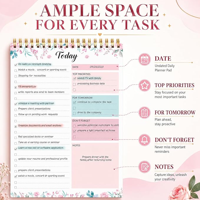 To Do List Notepad - Daily Planner Notepad 104 Pages Task Planner, 6.7" x 9.8" Double Sided Spiral Notebook with Checklist Productivity Planning Pad for Work Office Home-Pink