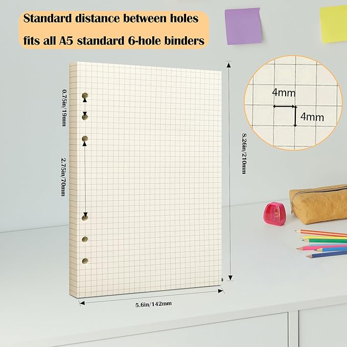 A5 Grid Filler Paper, 6-Hole Punched, 100GSM Graph Rule Paper/Quad Rule Filler Paper/Planner Inserts for Planners, Painting, and Bullet Journals,80 Sheets/160 Pages
