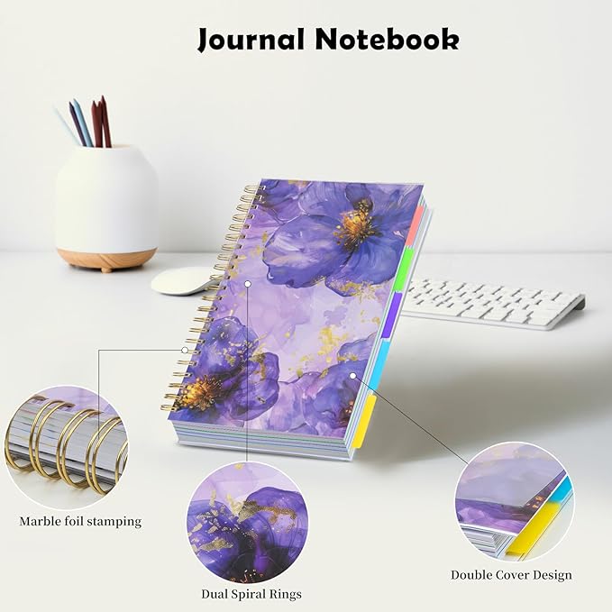 5 Subject Notebook College Ruled, A5 Spiral Notebook with Removable Pocket Dividers Tabs, Lined Organizer Notebook Journal for Women, 240 Pages Notebooks for Work School Note Taking, Purple Floral