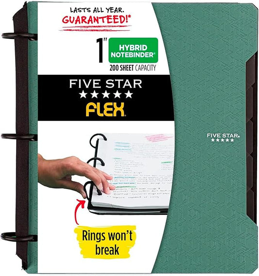 Five Star Flex Refillable Notebook + Study App,College Ruled Paper and 1 Inch TechLock Ring Binder with Pockets,Tabs and Dividers,200 Sheet Capacity,Seaglass Green (293280AQ8),(Pack of 6)