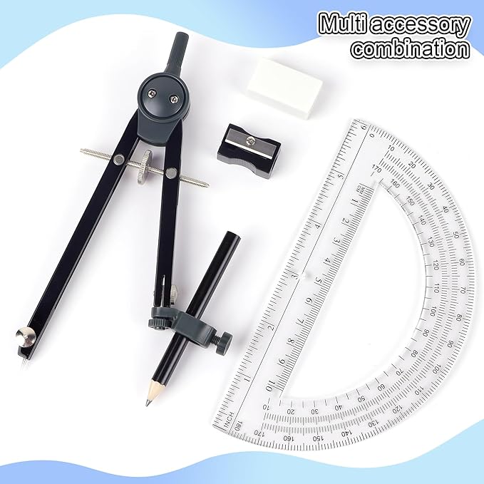 UNJOO Professional Compass for Geometry Set, Metal Compass with Wheel and Lock for Geometry, Drawing Compass Tool, Circle Drafting Tool, and 6 Inch Math Protractors 180 Degree (Silver)
