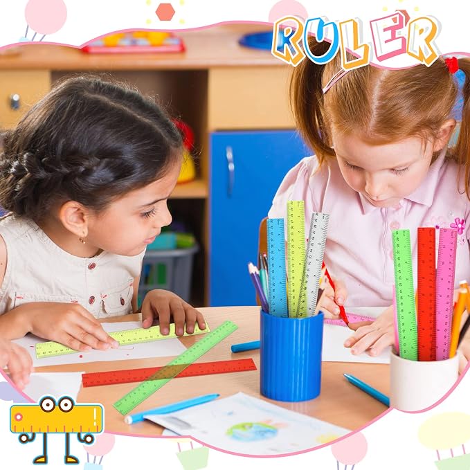 24 Pack Color Transparent Ruler Bulk 12 Inch Clear Plastic Rulers Kids Ruler with Centimeters and Inches Straight Measuring Drafting Tools for Classroom School Students Families Education
