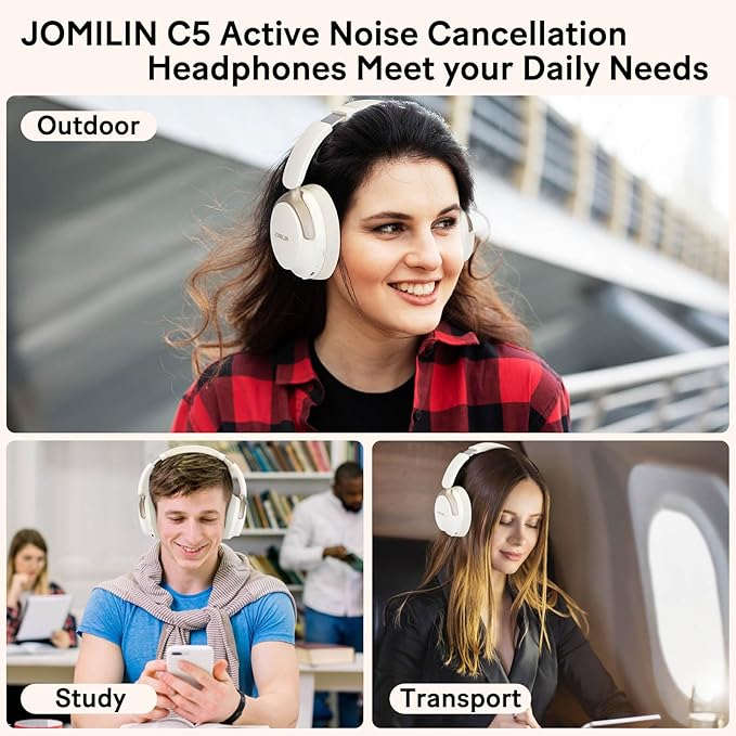 JOMILIN C5 Active Noise Cancelling Headphones, Wireless Over Ear Bluetooth Headphones, 3EQ Modes via Button, 60H Playtime Lightweight Folding Stereo Bass Headset with Mic, for Travel Home Beige White