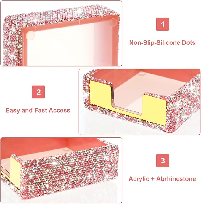 Buqoo Pink Sticky Note Holder, Bling Crystal Rhinestone Self Stick Note Pad Holder Dispenser for School Home Office Desk Accessories Supplies